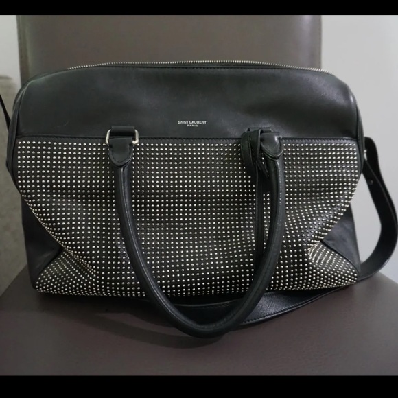 Yves Saint Laurent YSL Black Studded Duffel 6 Shoulder Bag Purse Silver - Picture 7 of 16